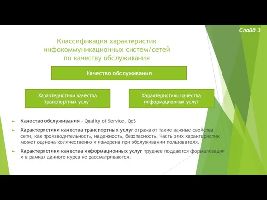 Классификация характеристик инфокоммуникационных систем/сетей по качеству обслуживания Слайд 3 Качество обслуживания Характеристики