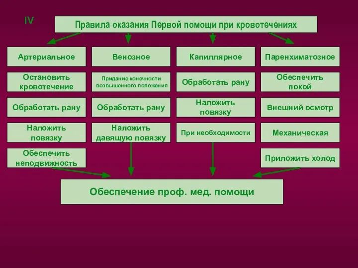 IV Правила оказания Первой помощи при кровотечениях Артериальное Обеспечить неподвижность Наложить повязку