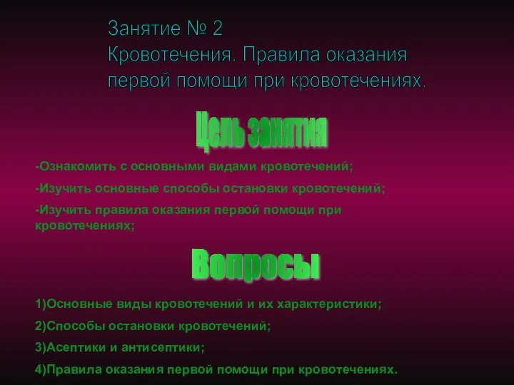 Занятие № 2 Кровотечения. Правила оказания первой помощи при кровотечениях. Цель занятия