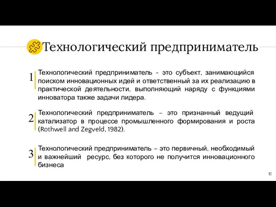 Технологический предприниматель Технологический предприниматель - это субъект, занимающийся поиском инновационных идей и