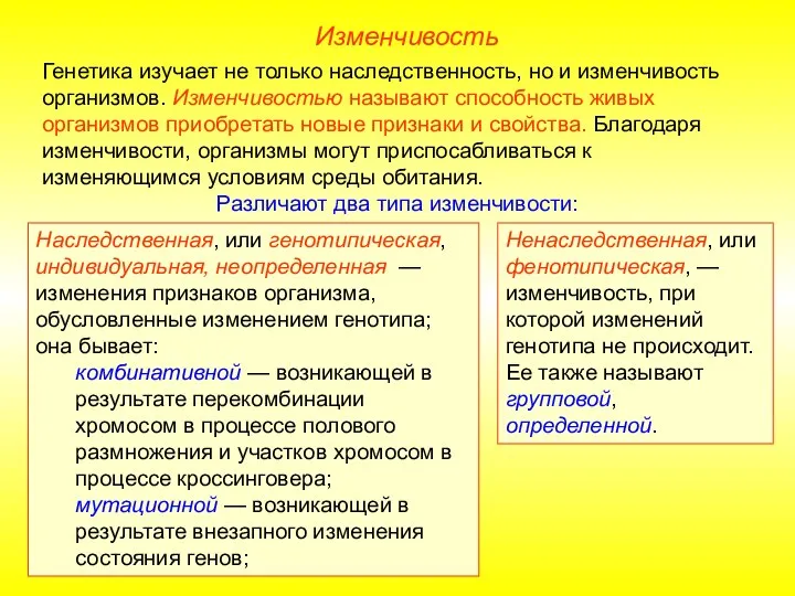 Изменчивость Генетика изучает не только наследственность, но и изменчивость организмов. Изменчивостью называют