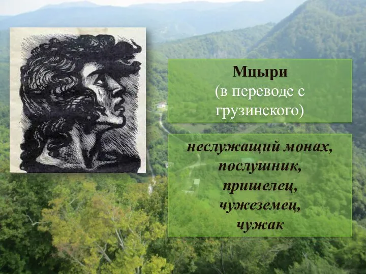 Мцыри (в переводе с грузинского) неслужащий монах, послушник, пришелец, чужеземец, чужак