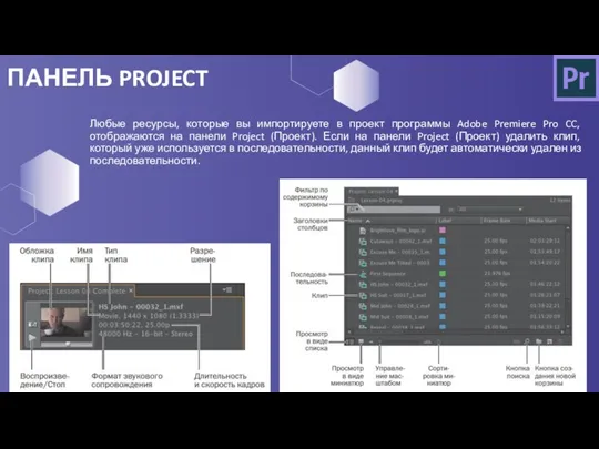 ПАНЕЛЬ PROJECT Любые ресурсы, которые вы импортируете в проект программы Adobe Premiere