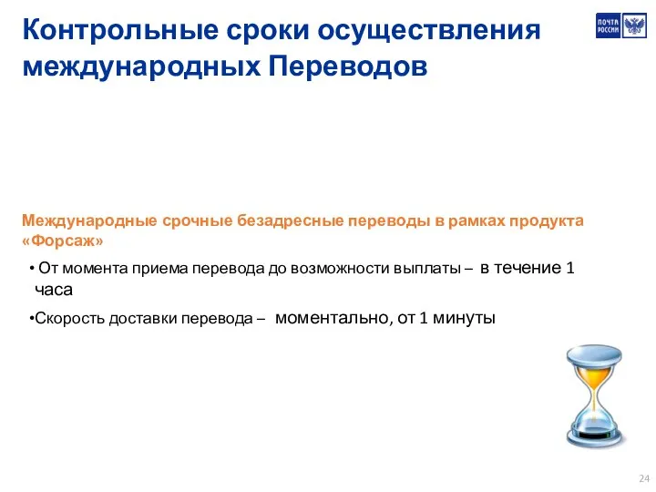 Контрольные сроки осуществления международных Переводов Международные срочные безадресные переводы в рамках продукта