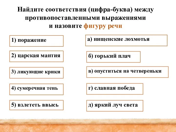 а) нищенские лохмотья б) горький плач 5) взлететь ввысь г) славная победа