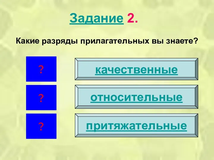 Задание 2. Какие разряды прилагательных вы знаете? ? ? ? качественные притяжательные относительные