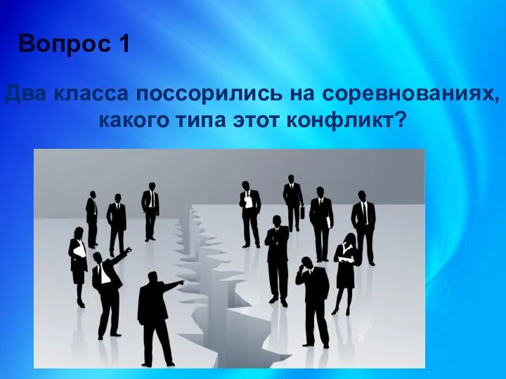 Два класса поссорились на соревнованиях, какого типа этот конфликт? Вопрос 1