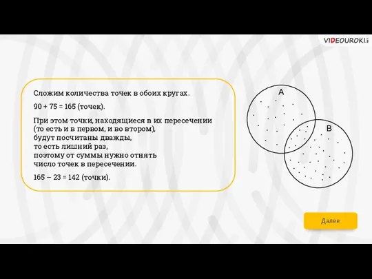 Сложим количества точек в обоих кругах. 90 + 75 = 165 (точек).