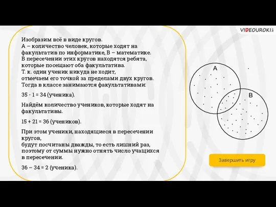 Завершить игру Изобразим всё в виде кругов. А – количество человек, которые