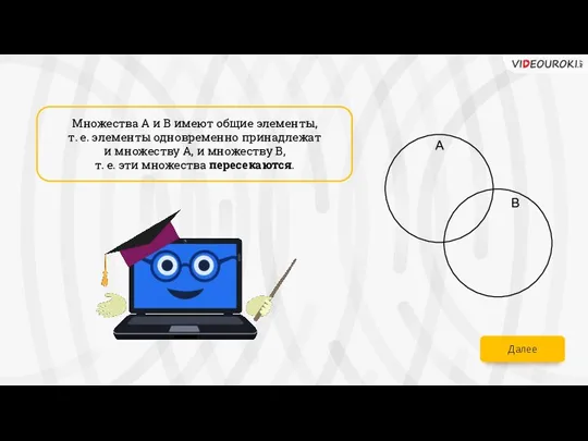 Множества A и B имеют общие элементы, т. е. элементы одновременно принадлежат