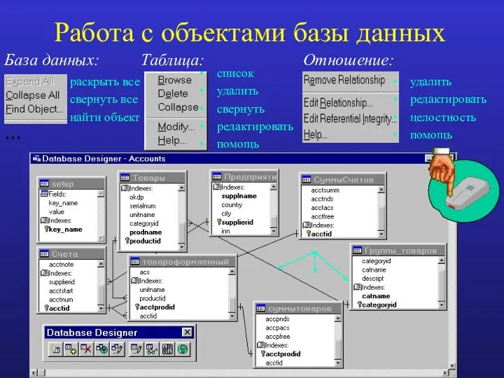 Работа с объектами базы данных раскрыть все свернуть все найти объект список