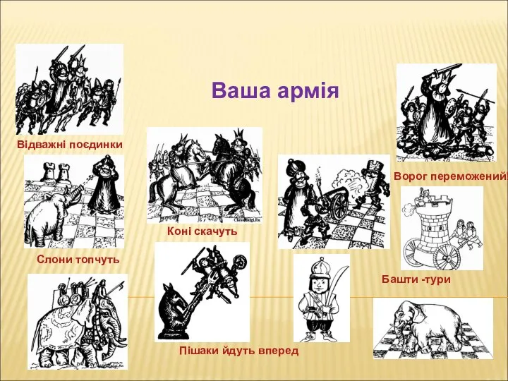 Коні скачуть Слони топчуть Пішаки йдуть вперед Ваша армія Башти -тури Відважні поєдинки Ворог переможений!