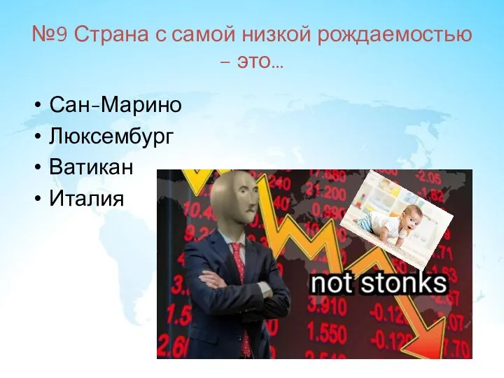 №9 Страна с самой низкой рождаемостью – это… Сан-Марино Люксембург Ватикан Италия