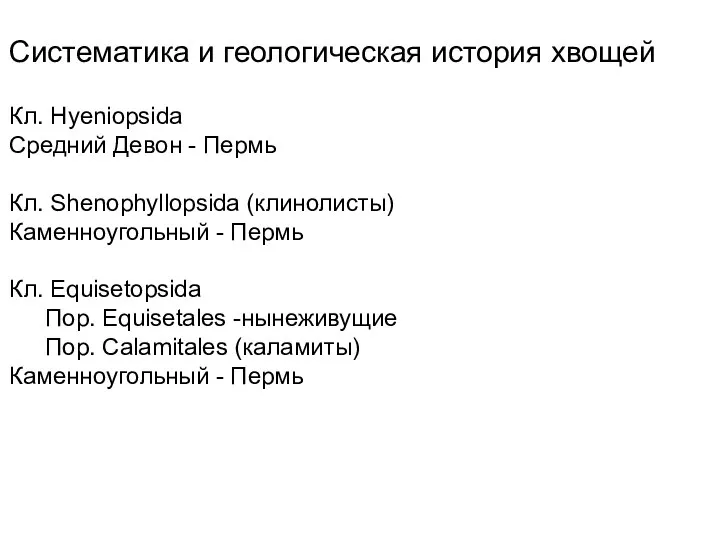 Систематика и геологическая история хвощей Кл. Hyeniopsida Средний Девон - Пермь Кл.