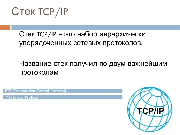Стек TCP/IP Стек TCP/IP – это набор иерархически упорядоченных сетевых протоколов. Название