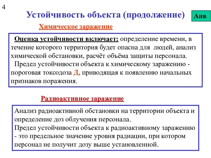 Устойчивость объекта (продолжение) Оценка устойчивости включает: определение времени, в течение которого территория