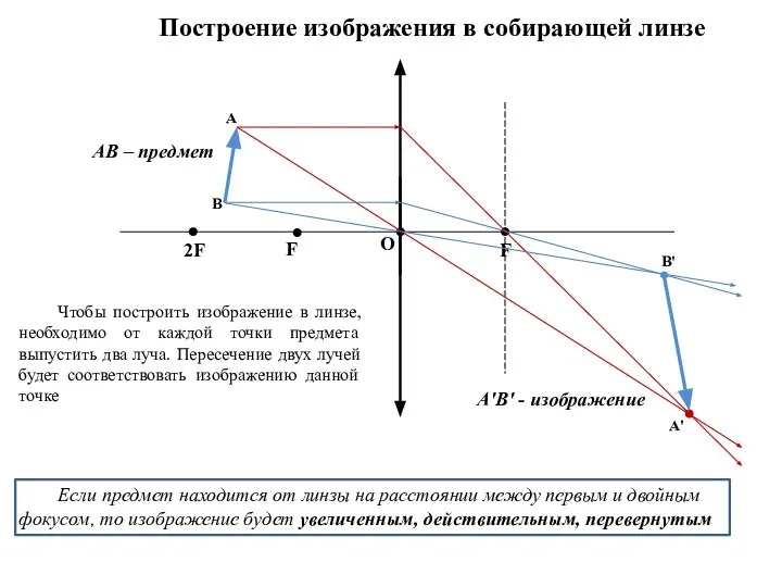 Построение изображения в собирающей линзе F F O 2F B A A'