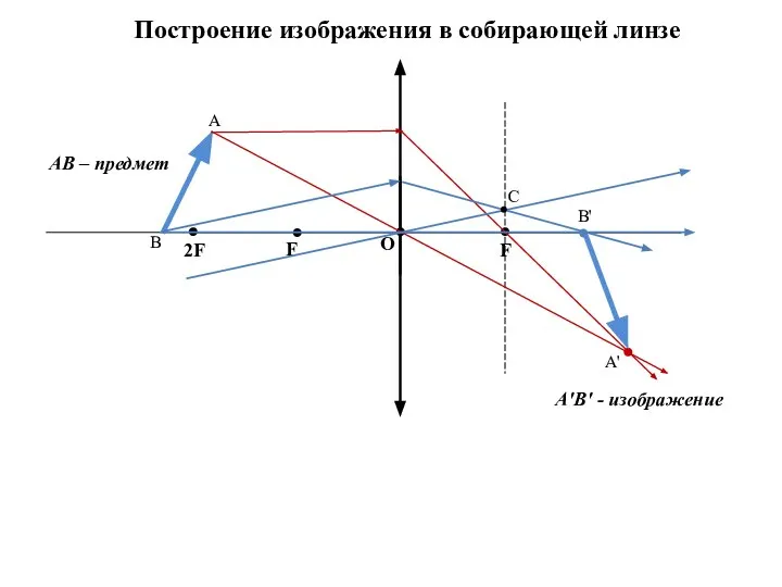 Построение изображения в собирающей линзе F F O 2F AB – предмет