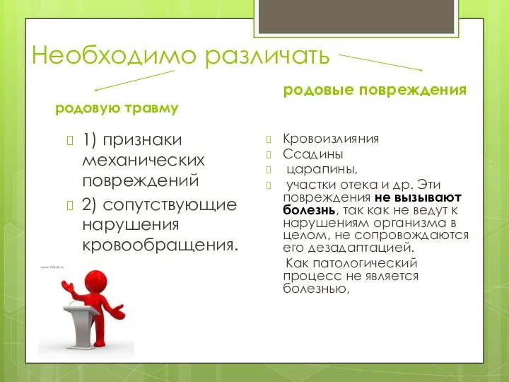 Необходимо различать родовую травму 1) признаки механических повреждений 2) сопутствующие нарушения кровообращения.