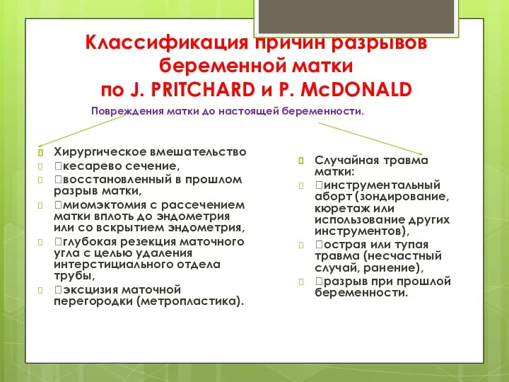 Классификация причин разрывов беременной матки по J. PRITCHARD и P. McDONALD Повреждения