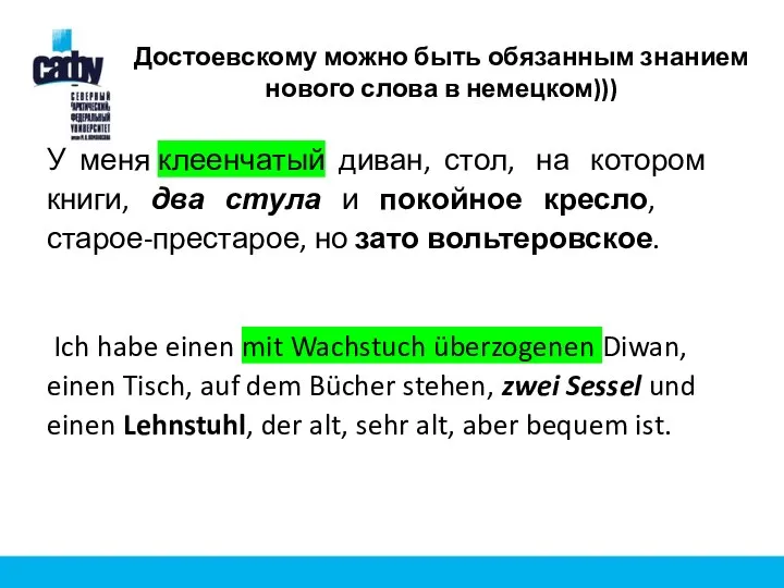 Достоевскому можно быть обязанным знанием нового слова в немецком))) У меня клеенчатый