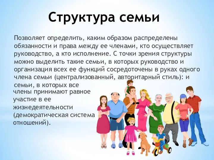 Структура семьи Позволяет определить, каким образом распределены обязанности и права между ее