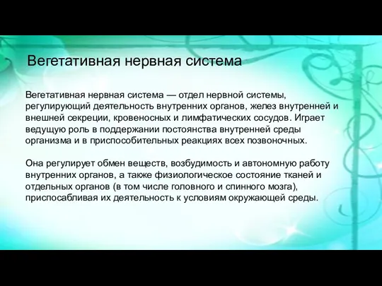 Вегетативная нервная система Вегетативная нервная система — отдел нервной системы, регулирующий деятельность