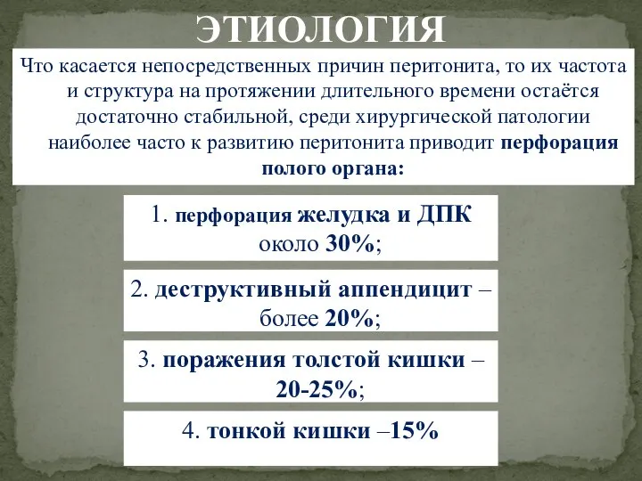 1. перфорация желудка и ДПК около 30%; ЭТИОЛОГИЯ Что касается непосредственных причин