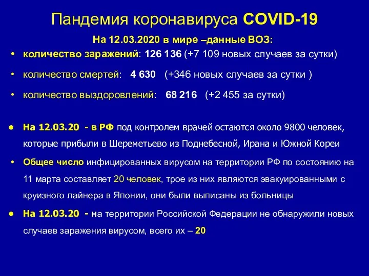 Пандемия коронавируса COVID-19 На 12.03.2020 в мире –данные ВОЗ: количество заражений: 126