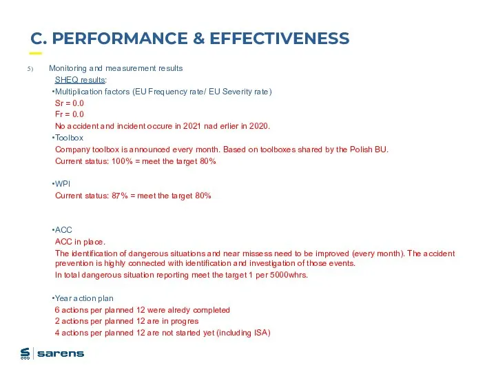 C. PERFORMANCE & EFFECTIVENESS Monitoring and measurement results SHEQ results: Multiplication factors