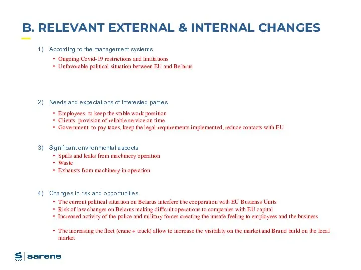 B. RELEVANT EXTERNAL & INTERNAL CHANGES According to the management systems Needs