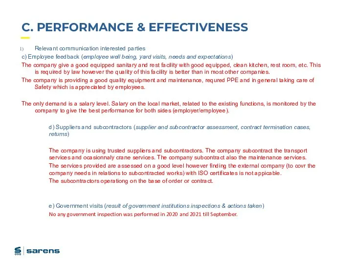 C. PERFORMANCE & EFFECTIVENESS Relevant communication interested parties c) Employee feedback (employee