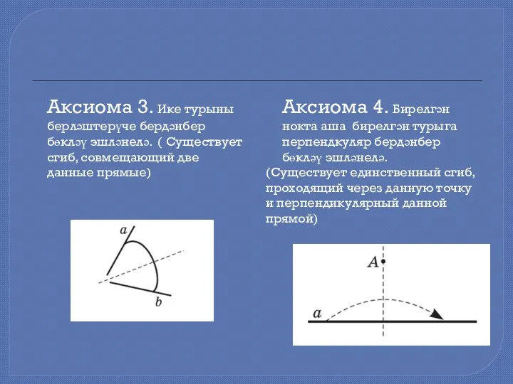 Аксиома 3. Ике турыны берләштерүче бердәнбер бөкләү эшләнелә. ( Существует сгиб, совмещающий