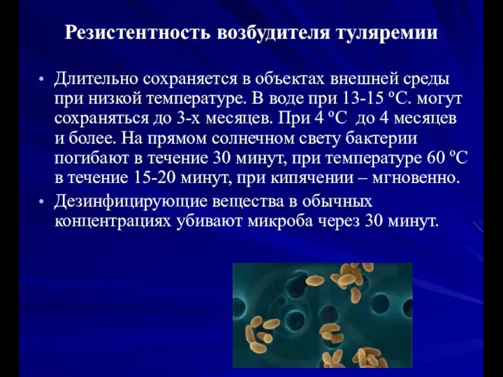 Резистентность возбудителя туляремии Длительно сохраняется в объектах внешней среды при низкой температуре.