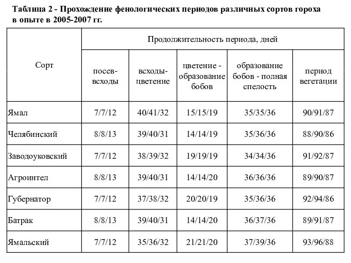 Таблица 2 - Прохождение фенологических периодов различных сортов гороха в опыте в 2005-2007 гг.