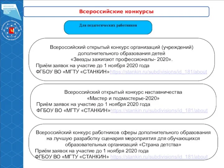 Всероссийские конкурсы Для педагогических работников Всероссийский открытый конкурс организаций (учреждений) дополнительного образования