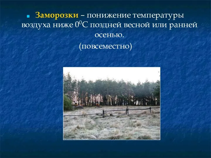 Заморозки – понижение температуры воздуха ниже 00С поздней весной или ранней осенью. (повсеместно)