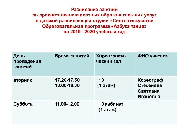 Расписание занятий по предоставлению платных образовательных услуг в детской развивающей студии «Синтез