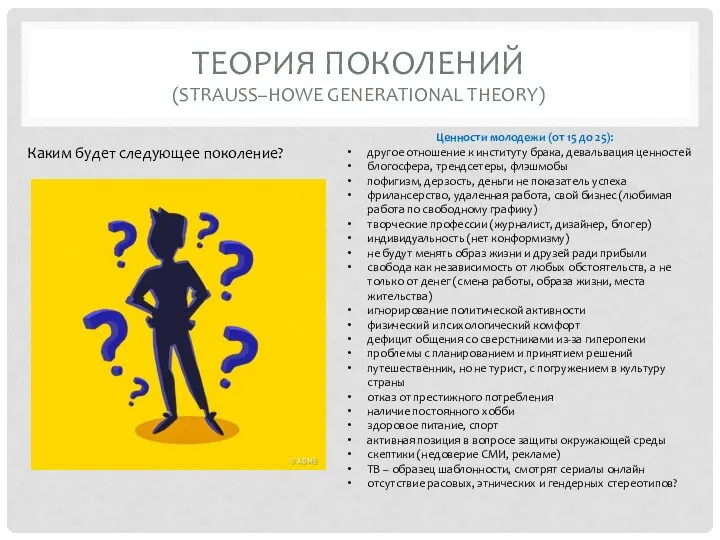 ТЕОРИЯ ПОКОЛЕНИЙ (STRAUSS–HOWE GENERATIONAL THEORY) Ценности молодежи (от 15 до 25): другое