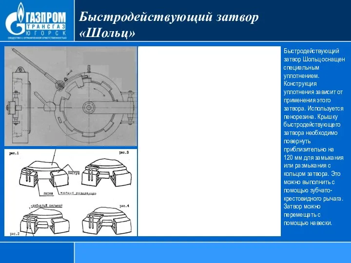 Быстродействующий затвор «Шольц» Быстродействующий затвор Шольц оснащен специальным уплотнением. Конструкция уплотнения зависит