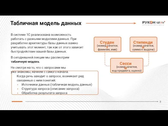 Табличная модель данных В системе 1С реализована возможность работать с разными моделями