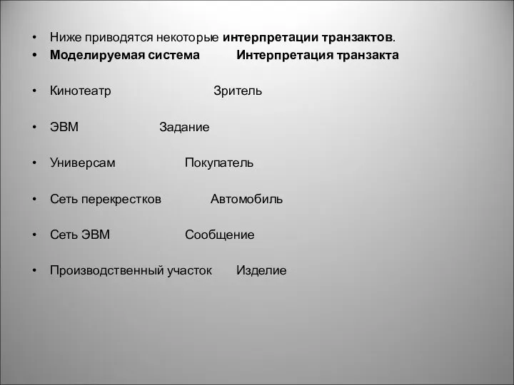 Ниже приводятся некоторые интерпретации транзактов. Моделируемая система Интерпретация транзакта Кинотеатр Зритель ЭВМ