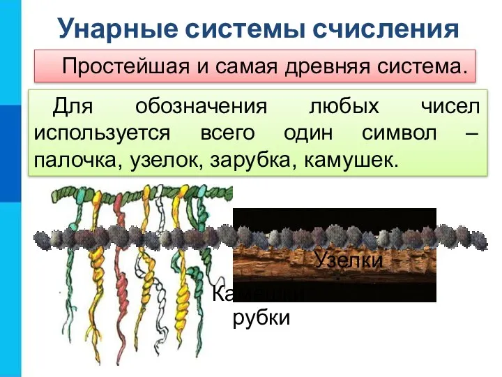 Простейшая и самая древняя система. Унарные системы счисления Зарубки Для обозначения любых