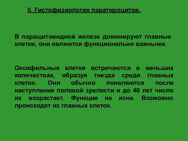 II. Гистофизиология паратироцитов. В паращитовидной железе доминируют главные клетки, они являются функционально