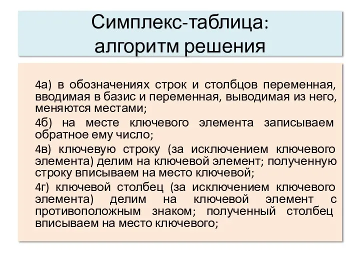 Симплекс-таблица: алгоритм решения 4а) в обозначениях строк и столбцов переменная, вводимая в