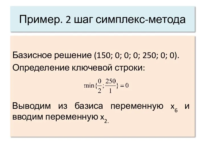 Пример. 2 шаг симплекс-метода Базисное решение (150; 0; 0; 0; 250; 0;