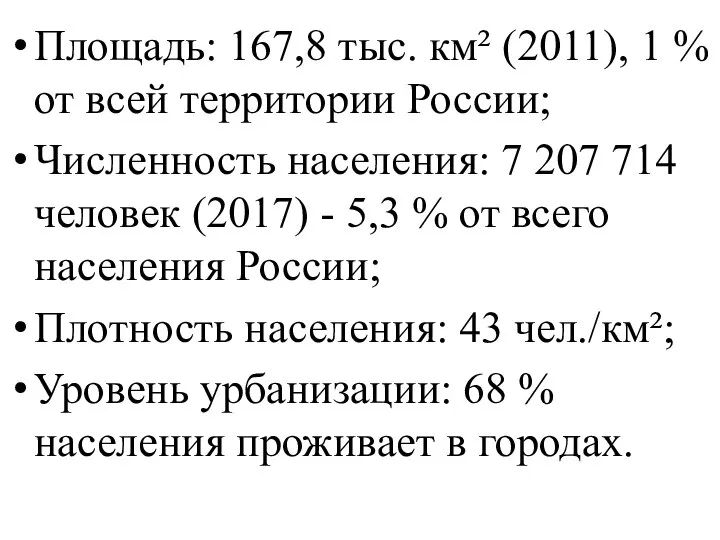 Площадь: 167,8 тыс. км² (2011), 1 % от всей территории России; Численность