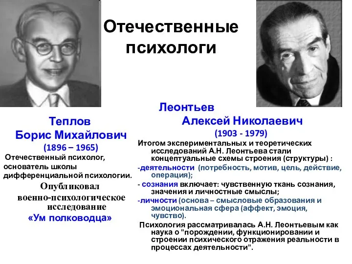 Отечественные психологи Теплов Борис Михайлович (1896 – 1965) Отечественный психолог, основатель школы