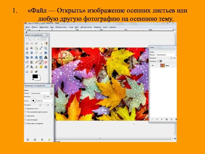 «Файл — Открыть» изображение осенних листьев или любую другую фотографию на осеннюю тему.