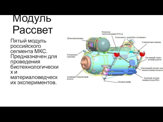 Модуль Рассвет Пятый модуль российского сегмента МКС. Предназначен для проведения биотехнологических и материаловедческих экспериментов.